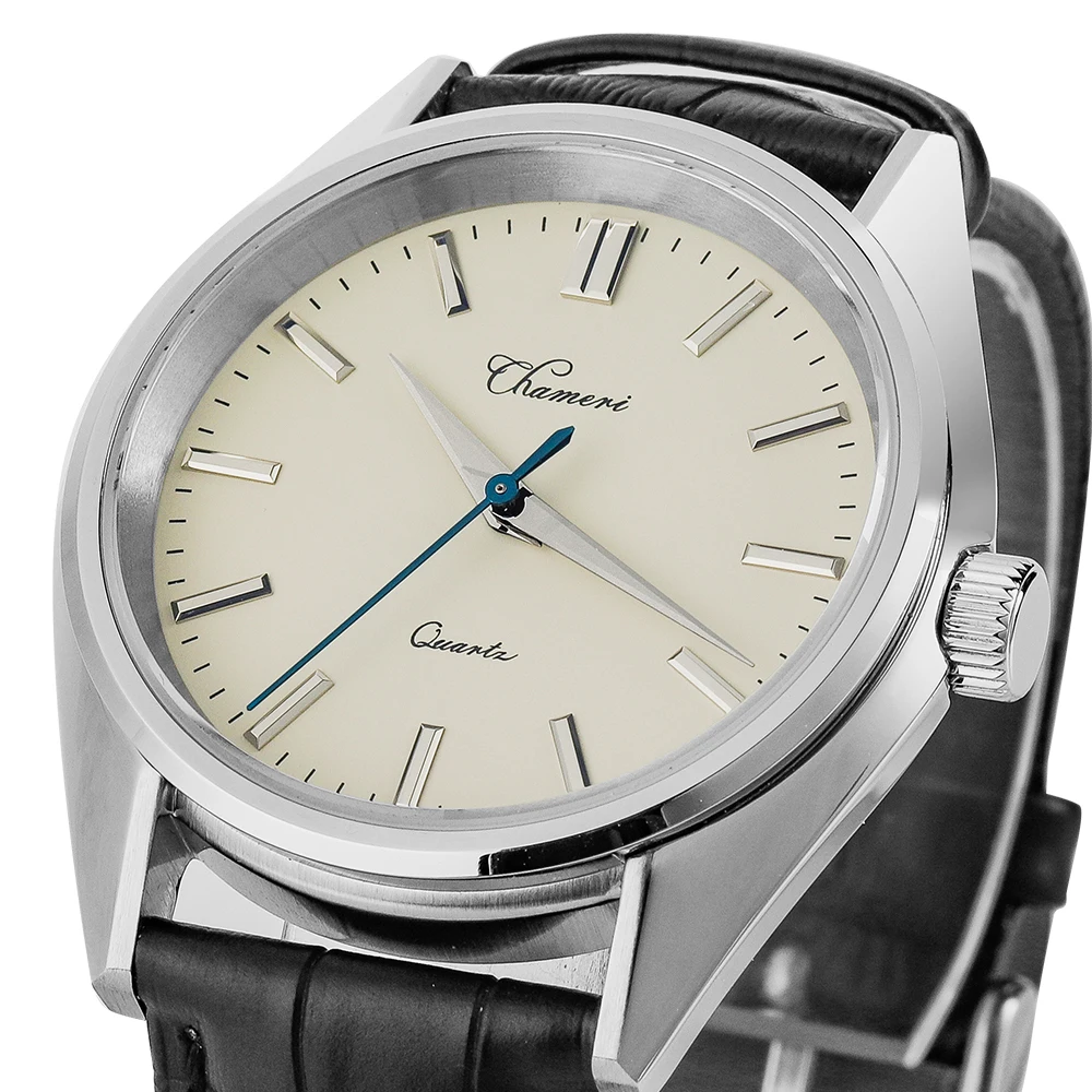 

Chameri Men Dress Watch VH31 Quartz Movement Sapphire 40mm Stainless Steel Leather Strap Luxury Business Men's Watches Clock