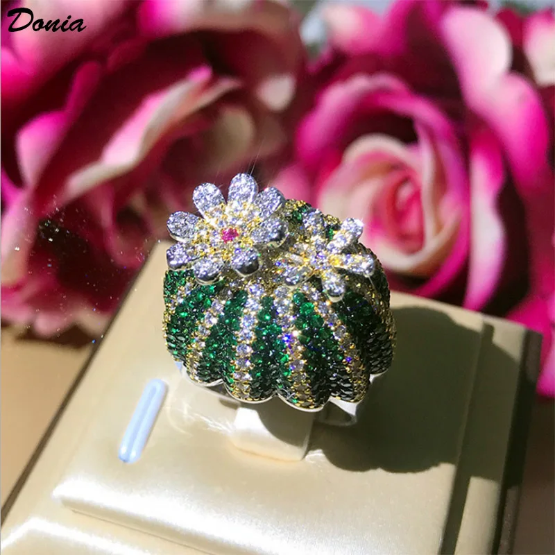 

Donia jewelry Fashion new open ring green AAA zircon color flower ring cactus rotating ring classic lady rotating ring