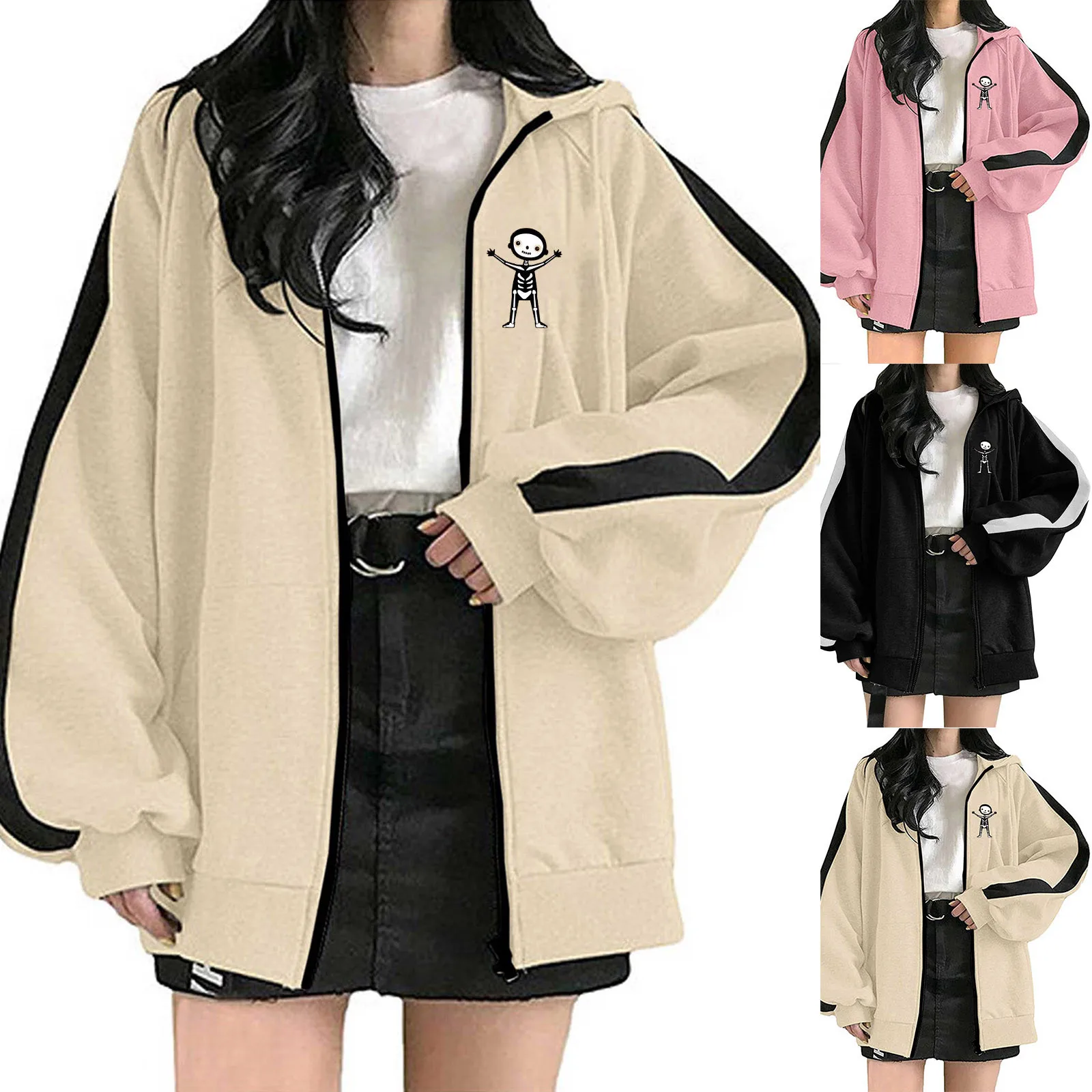 

Women's Casual Black Cute Print Long Sleeve Zipper Hooded Sweater Jacket For Autumn Loose fit Basic Pullover Top Exercise