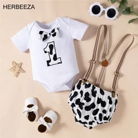 newborns baby clothes birthday romper with black and white print bow tie 3pces set summer suspender jumpsuit infant clothing