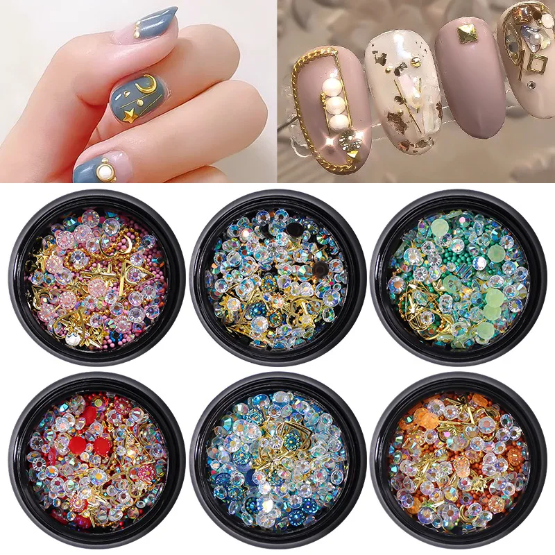 

1 Jar 3D Mix Shape Nail Rhinestones Crystal Diamond Stone Metal Rivet Caviar Beads Gems Nail art Decoration Nail Accessories DIY