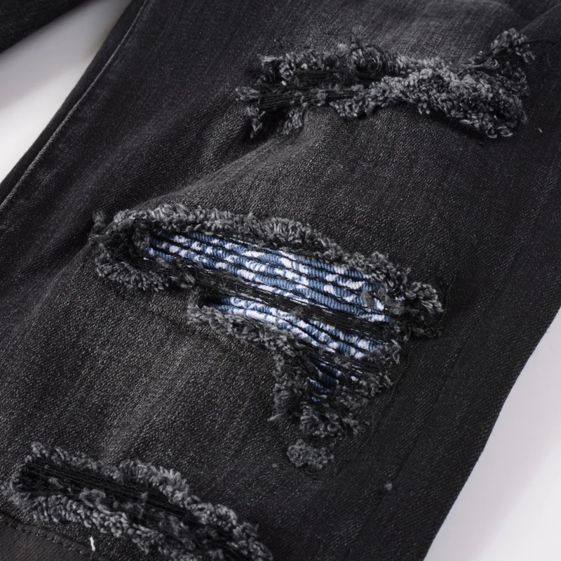 Streetwear Fashion Men Jeans Retro Black Gray Elastic Slim Fit Ripped Jeans Men Patch Designer Brand Hip Hop Denim Pants Hombre