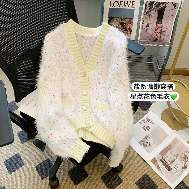 

Cardigan Women Casual Outwear Trendy Sweet Rainbow-point V-neck Knitted Sweaters Vintage Gentle All-match Korean Chic Design
