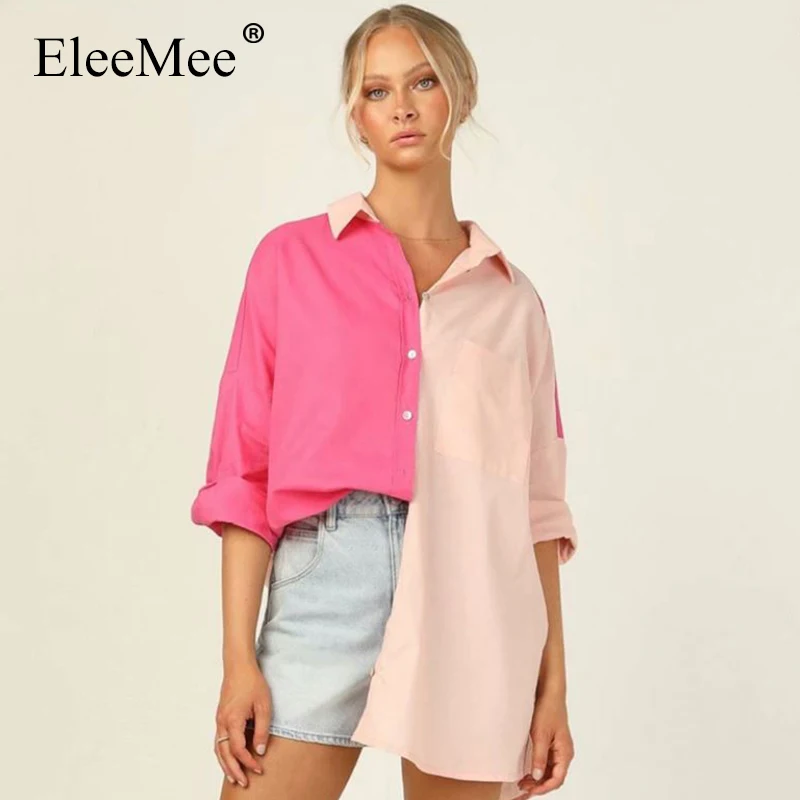 

EleeMee Women Shirt Mixed Color Pocket Single Breasted Color Street Fashion Female Blouses Casual Loose Ladies Tops Size S-L
