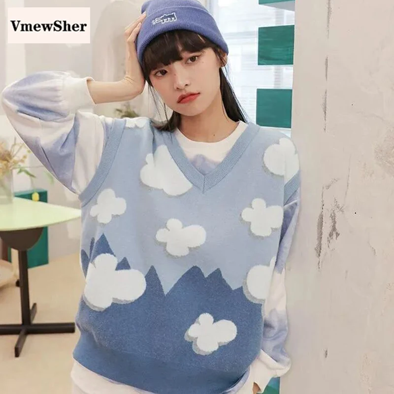 

VmewSher New Spring Women Sweater Vest Cloud Pattern Sleeveless Knitted Pullover Cute Gradient Blue Jumper Tops Preppy Style