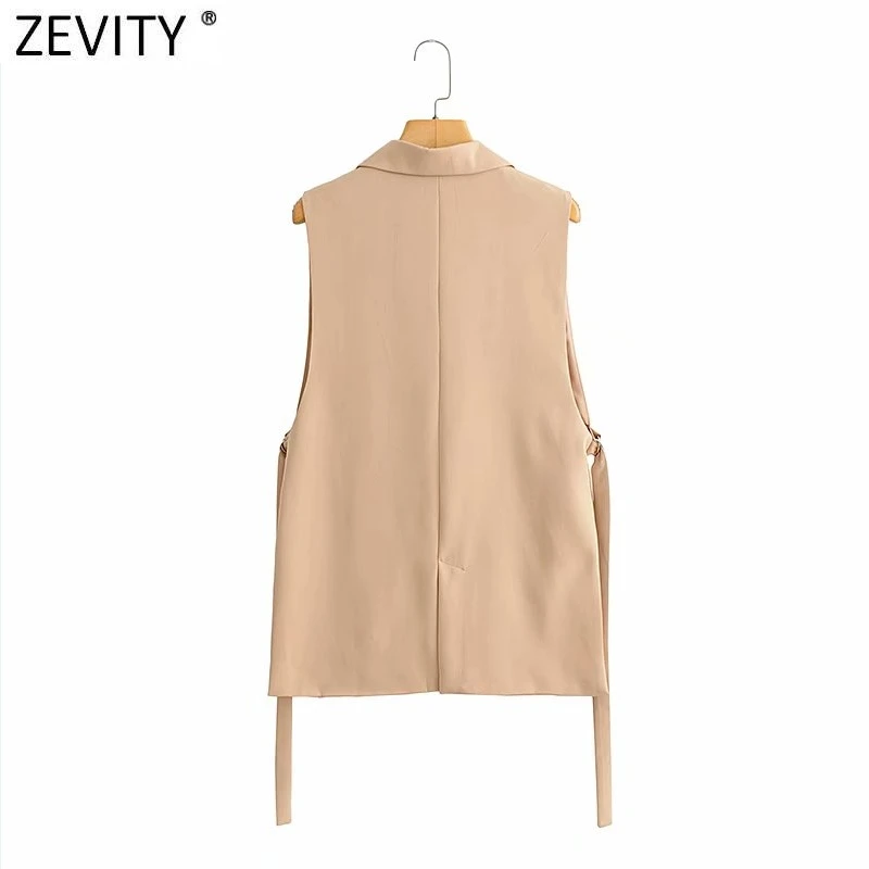Zevity Women 2021 Fashion Solid Side Split One-Button Vest Vintage Female Sleeveless Outerwear Suit Chic Outwear Waistcoat CT734 images - 6