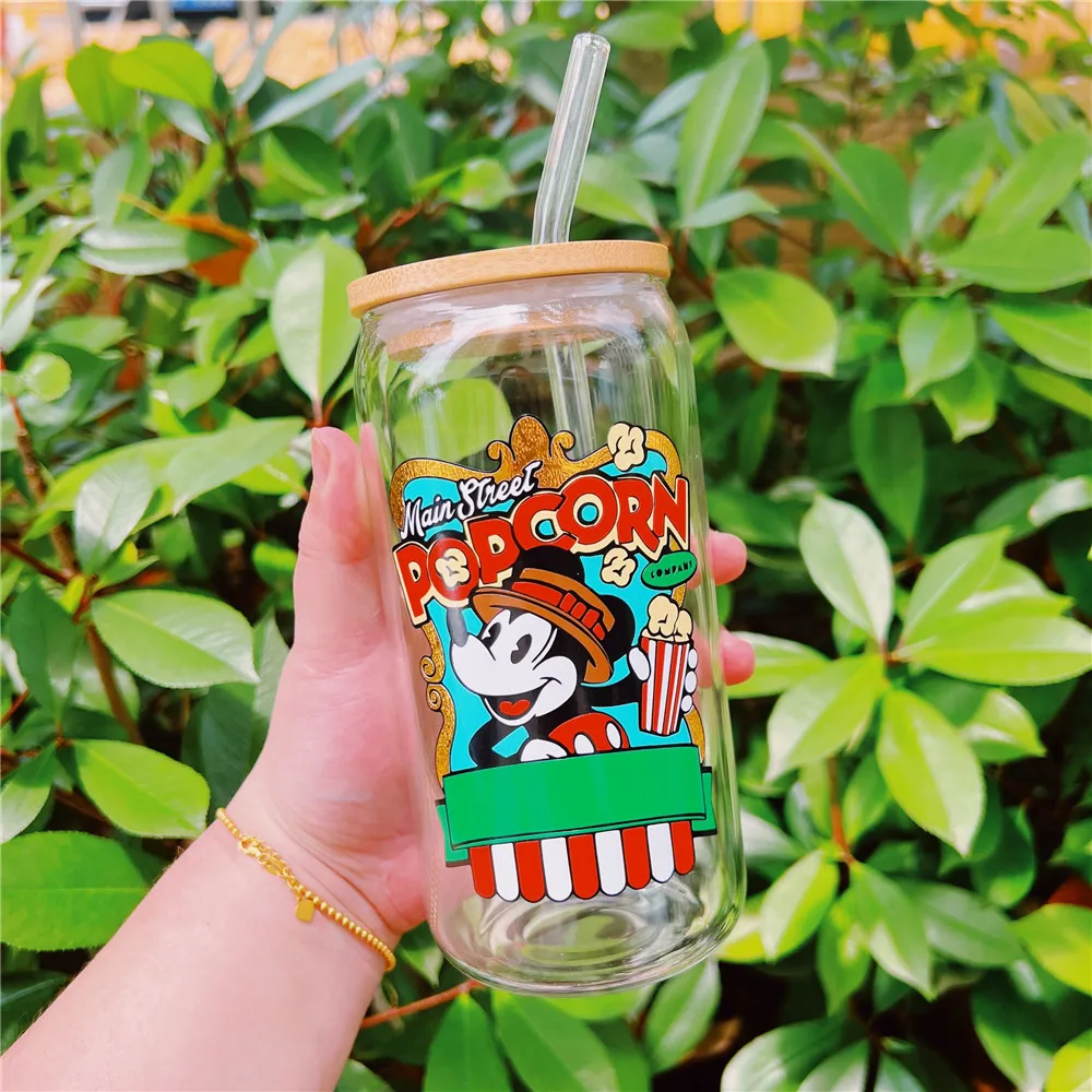 

Disney Mickey Popcorn Beer can glasses With Bamboo Lid And Straw Coffee Cup Office Home Water Milk Cups Kitchen Drinkware gifts