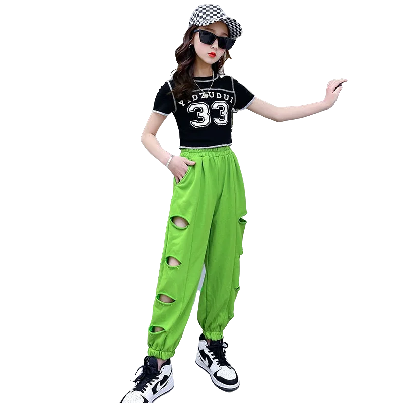 

Укороченный топ для девочек-подростков, модная уличная одежда, комплект из 2 предметов, свободные штаны для бега, одежда для детей 8, 10, 12, 14 ле...