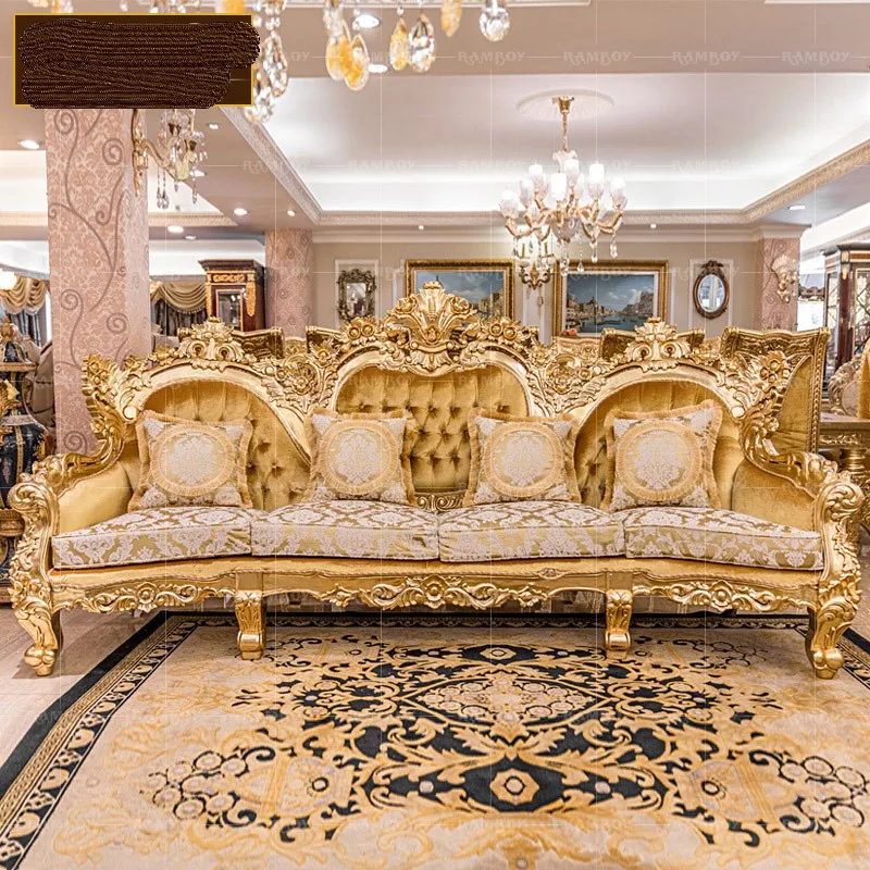 

Диван из французской ткани, роскошный Европейский большой диван для гостиной, комбинированный диван из золотой фольги для дворца, однотонный деревянный диван