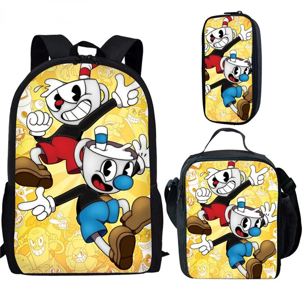 

Harajuku Novelty Cool Cuphead 3pcs/Set Backpack 3D Print School Student Bookbag Anime Laptop Daypack Lunch Bag Pencil Case