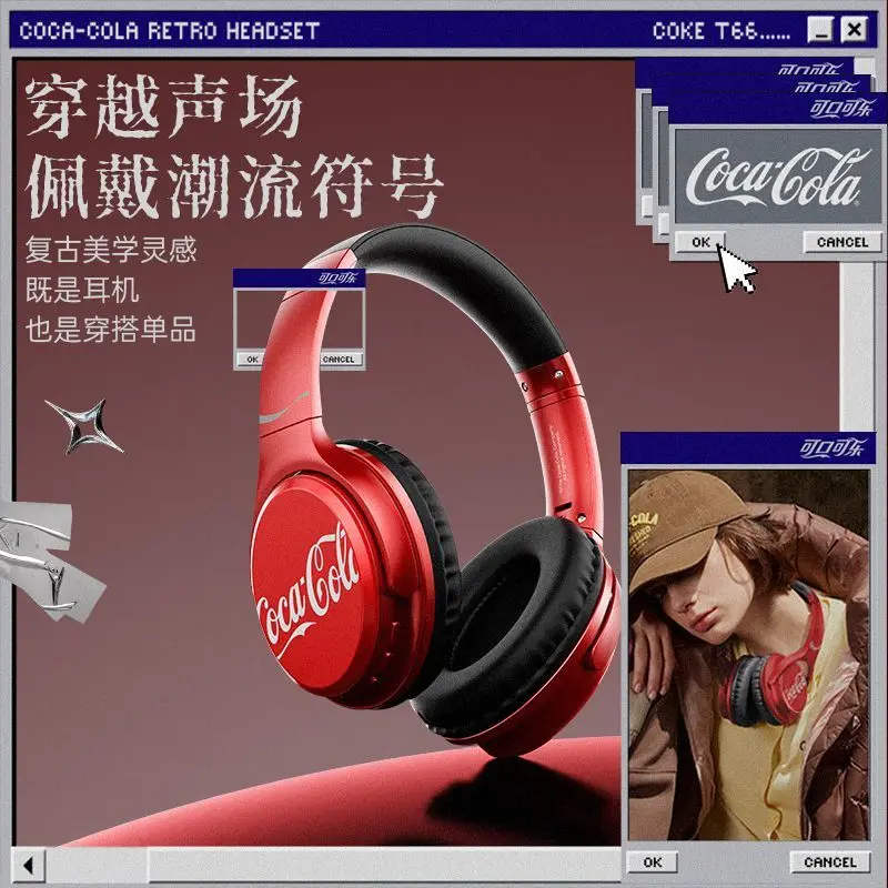 Фото Новые Bluetooth-наушники Coca-Cola T66, Bluetooth 6.0, накладные, из ABS-материала, беспроводные, ретро-дизайн, для игр и спорта, подарок. №2