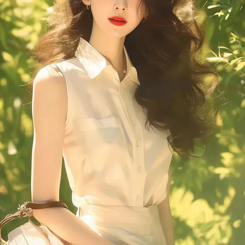 Элегантная белая рубашка без рукавов для женщин 2024 супер шикарный стильный