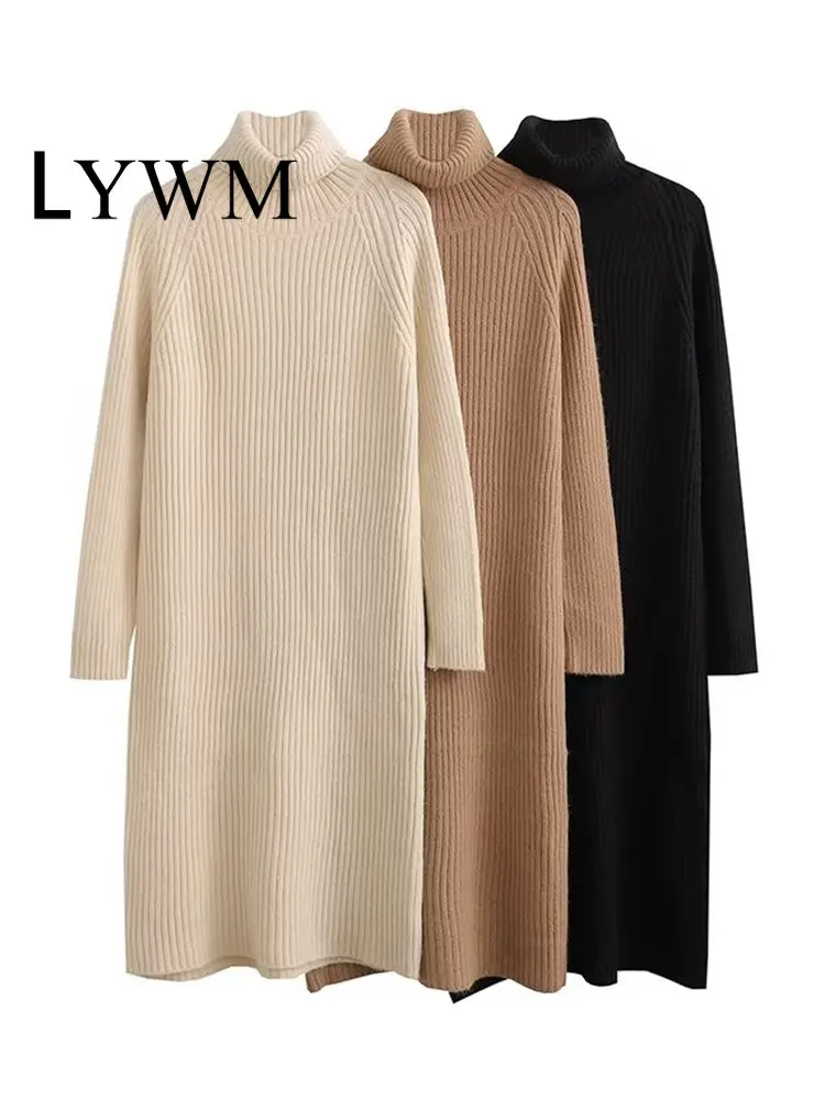 

LYWM Women Fashion Solid Knitted Midi Dress Vintage High Neck Long Sleeves Female Chic Lady Dresses