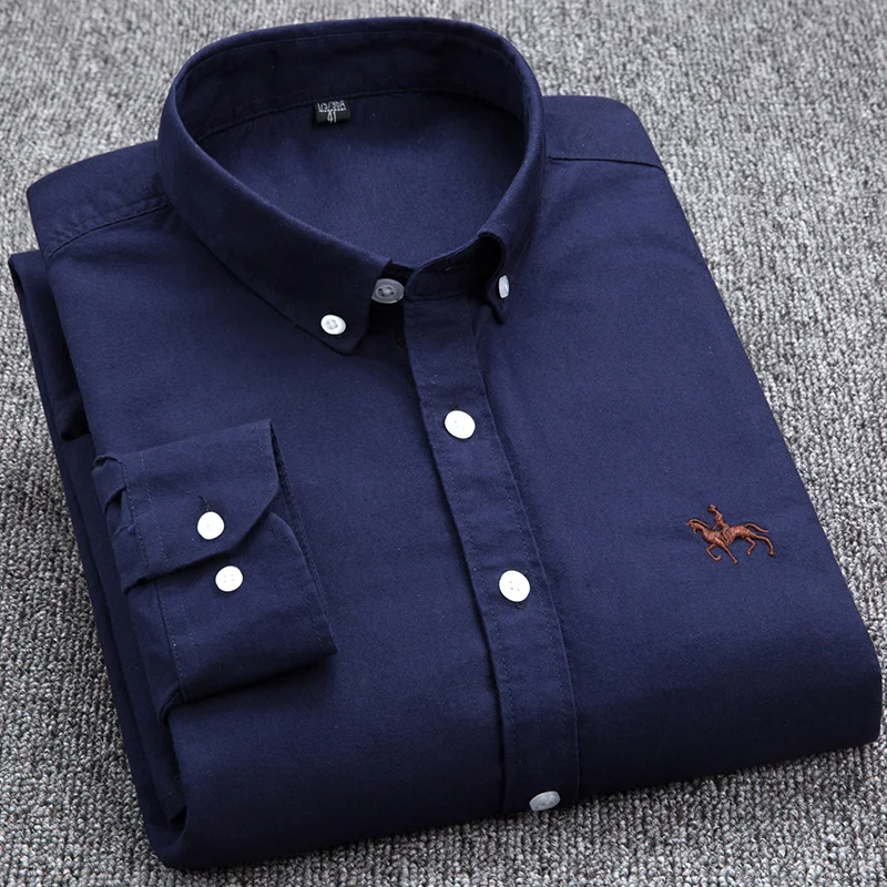 2022 100%Cotton High Quality Oxford Men Shirt White Long Sleeve Striped Plaid Embroidery Regular Fit Soft Thick Comfortable Male