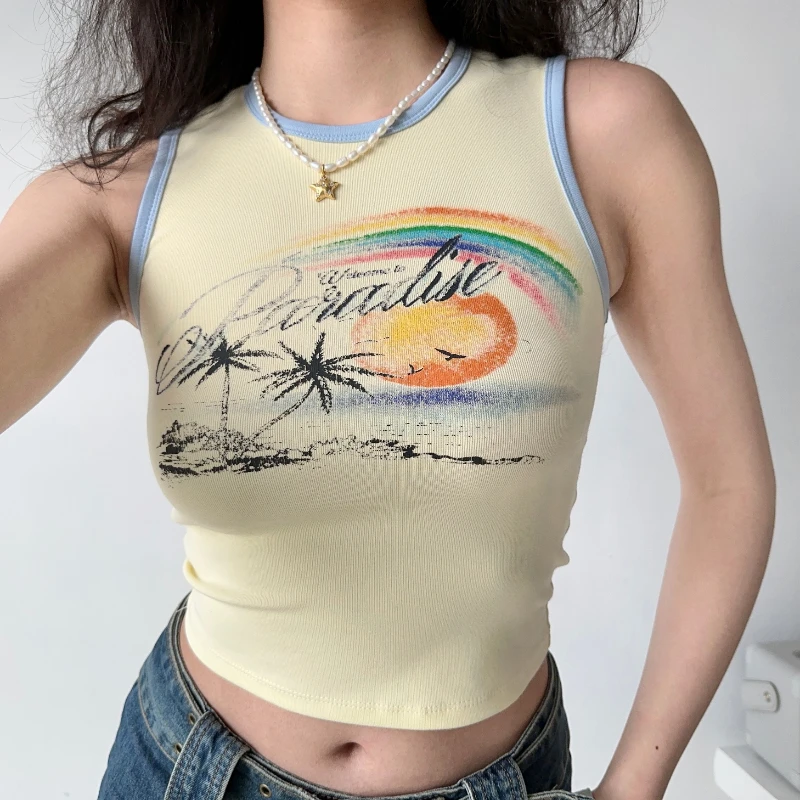 Женский винтажный короткий топ без рукавов с кокосовым деревом