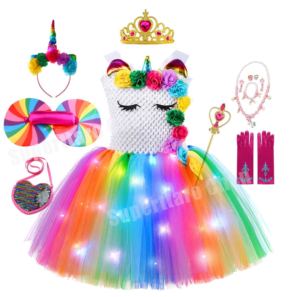 

Little Girls Unicorn Cosplay Tutu Dress Cute Cartoon Summer Mesh Princess Kids Glowing Dress Birthday Party 2 3 4 5 6 7 8 Years