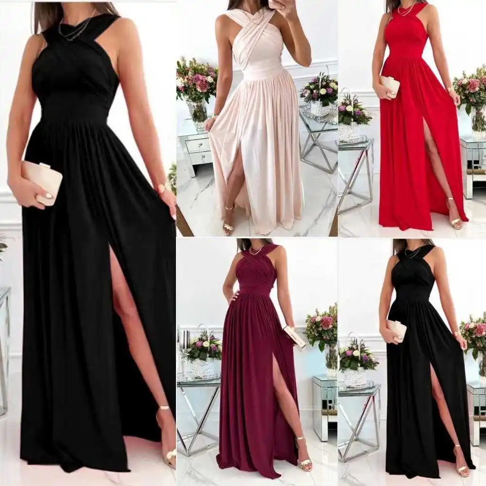 

Summer Sleeveless Halter Backless Dress Slit Hemline At Hem Womens Clothing