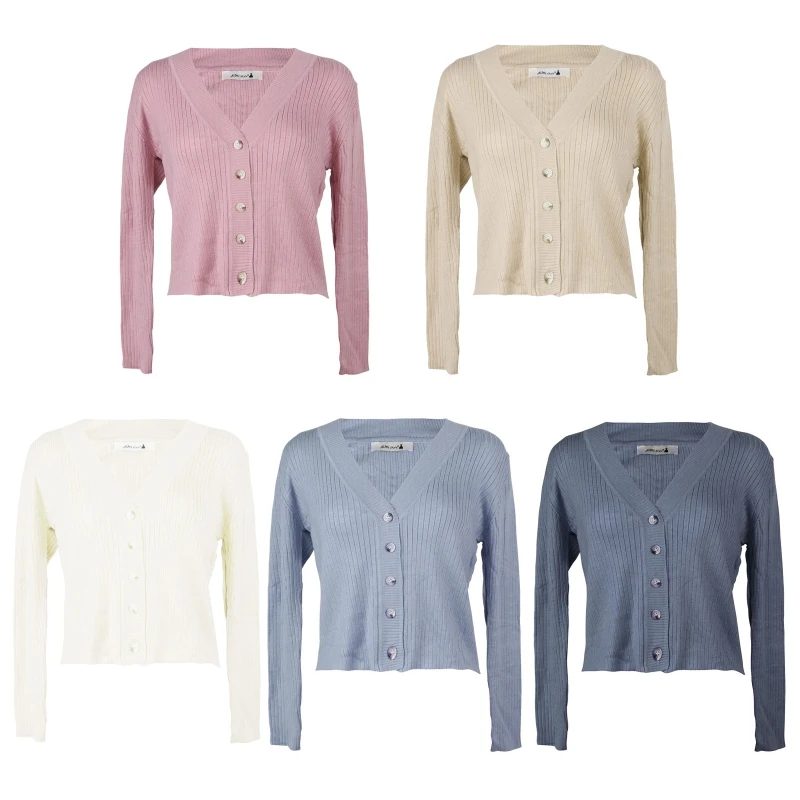 

Women Spring Long Sleeve Ribbed Knit Short Cardigan V-Neck Button Down Simple Solid Color Sweater Jacket Casual Loose Coat M6CD
