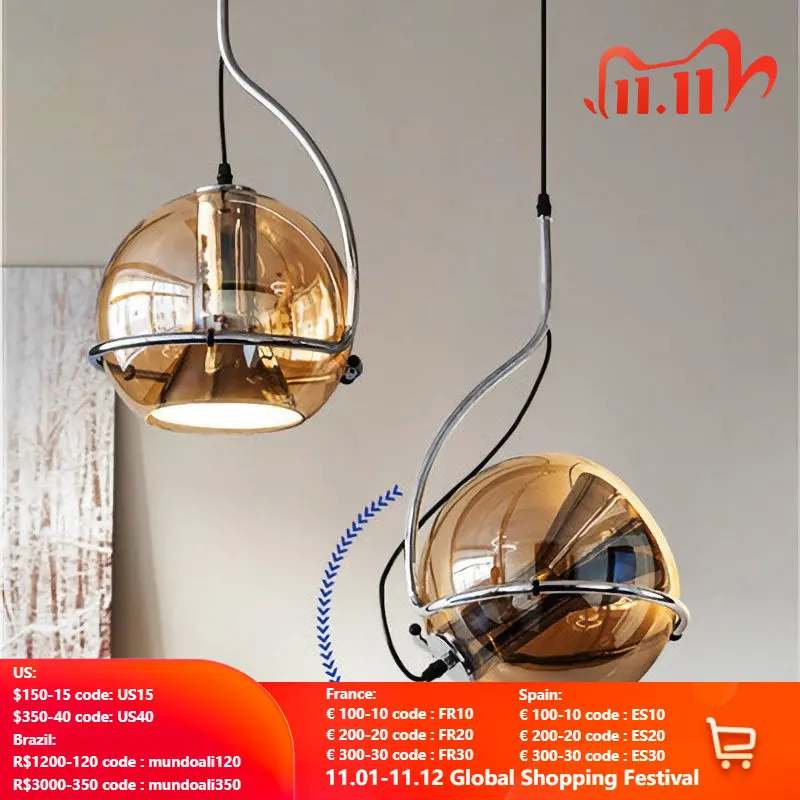 

Postmodern Amber Glass Chandelier LED Creative Adjustable Angle Restaurant Cafe Living Room Dining Table Bar Hanging Lightings