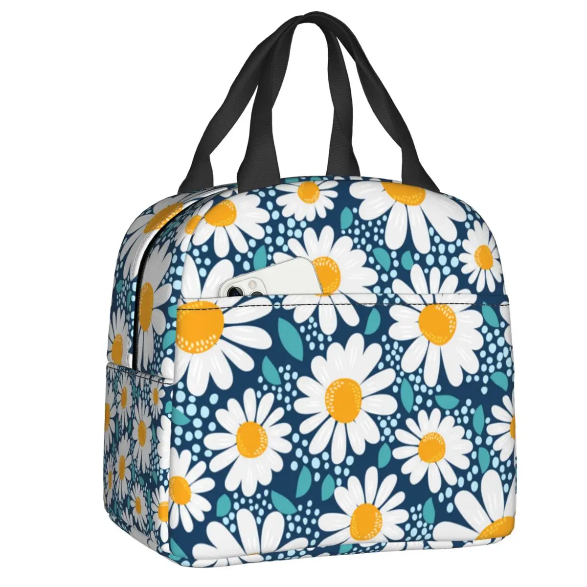 

Custom Flower Daisy Floral Lunch Bag Men Women Cooler Warm Insulated Lunch Box for School Work Travel Picnic Food Tote Bags