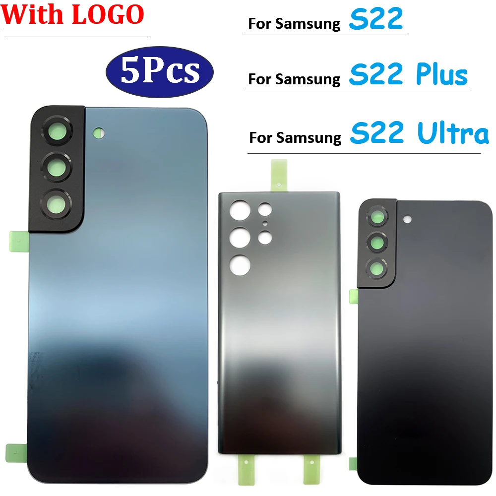5Pcs，NEW Battery Cover Glass Rear Door Housing Cover Replacement With Sticker For Samsung Galaxy S22 Plus S22 Ultra With LOGO