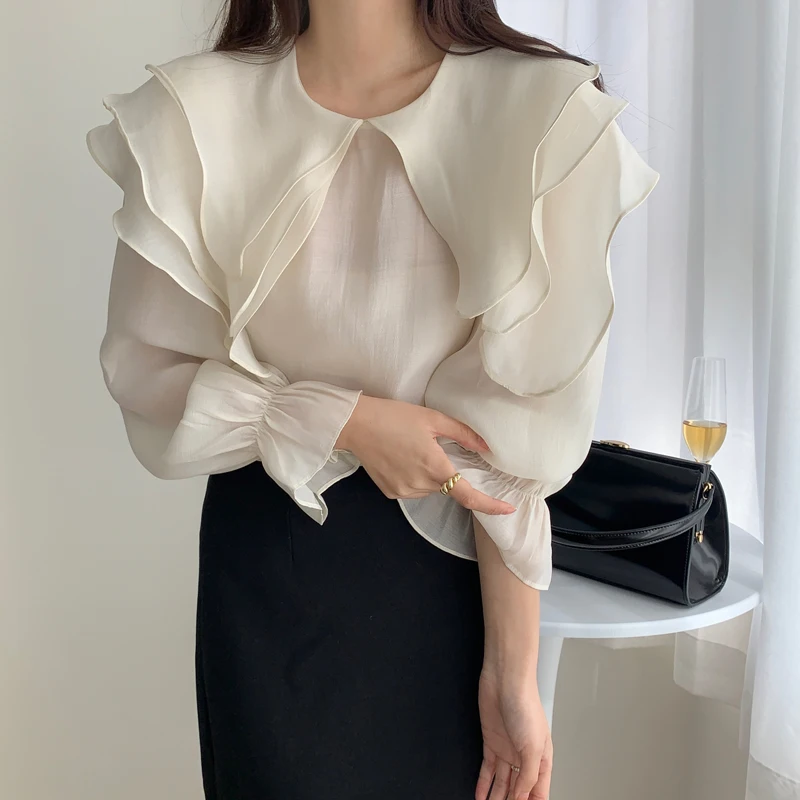 

2022 Summer New Gentle Temperament Lotus Leaf Large Lapel Loose Slightly Transparent Trumpet Sleeve Chiffon Shirt