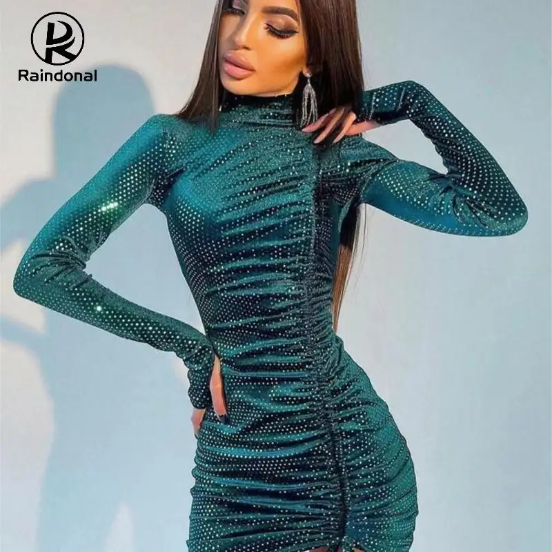 

2022 Sequin Turtleneck Dragwstrin Women Dress Sexy Party Club Exotic Hot Diamond Velvet Skirt Long Sleeve High Waist Slim Blue