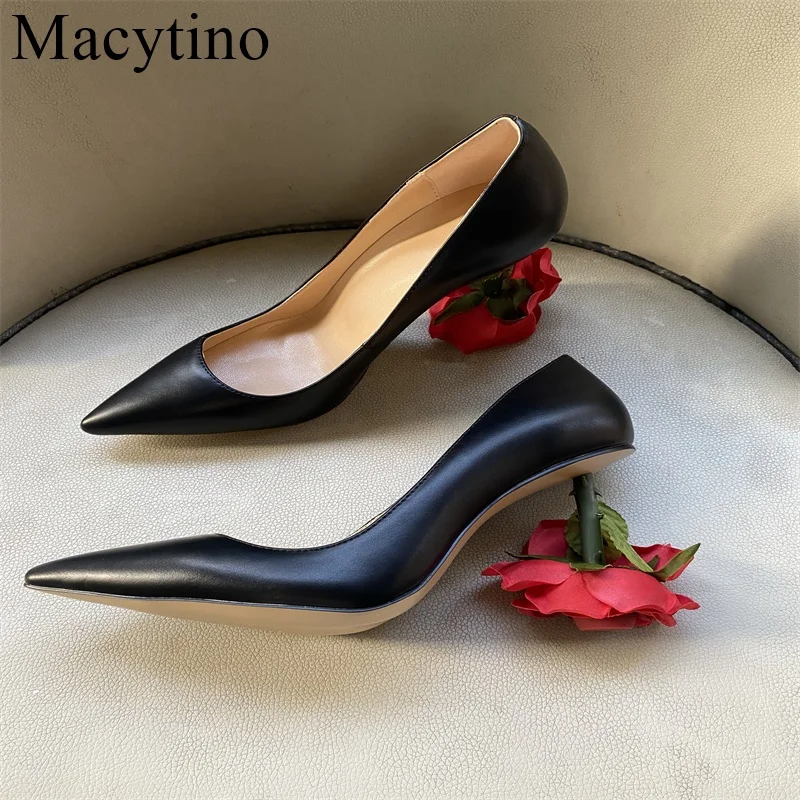 Sexy Patent Leather High Heels Pumps Women Unique Rose Flower Heel Pointy Toes Slip On Strange Style Banquet Shoes