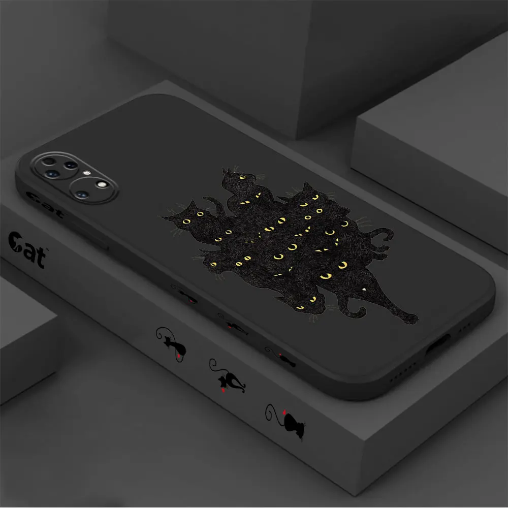 Cute Black Naughty Cat Phone Case For Huawei P60 P50 P40 P30 P20 Mate 50 40 30 20 20X 10 Colour Liquid Silicone Cover Funda Capa