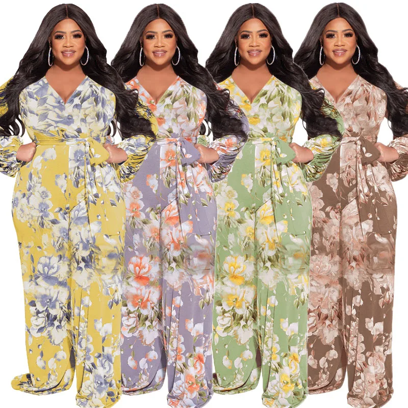 

Plus Size 5XL New Women Printed Jumpsuits Rompers Summer Casual V-neck Overalls Jumpsuit Long Sleeve Wide Leg Pants with Sashes