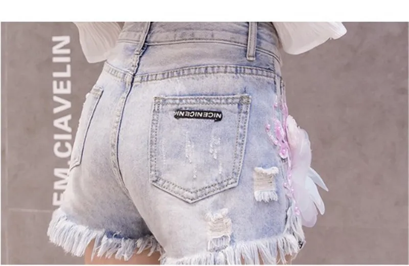 Summer Women Fashion Trend Short Jeans High Waist Wide Leg Heavy Industry Flowers Female Denim Shorts Hole Casual Cowboy Shorts