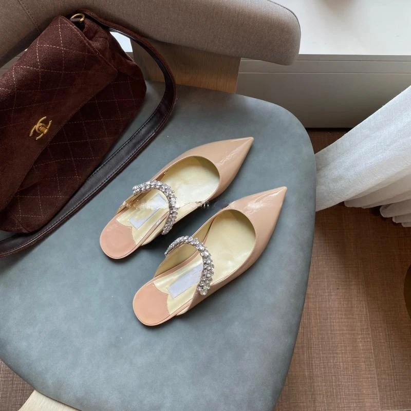 2023 New Pointed Rhinestone Muller Semi-trailer Flat Shoes Patent Leather Shallow French High Heel Women's Shoes Slippers