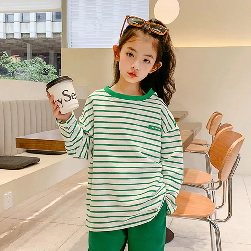 

Girls Sweatshirt Loose O-neck Stripe Sports Pullover Tops for Kids Spring School Teens Long Sleeves Undershirt Children Clothes