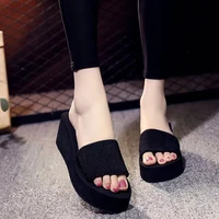 summer womens one word slippers thick bottom elastic strap casual non slip beach shoes solid color simple wedge womens shoes