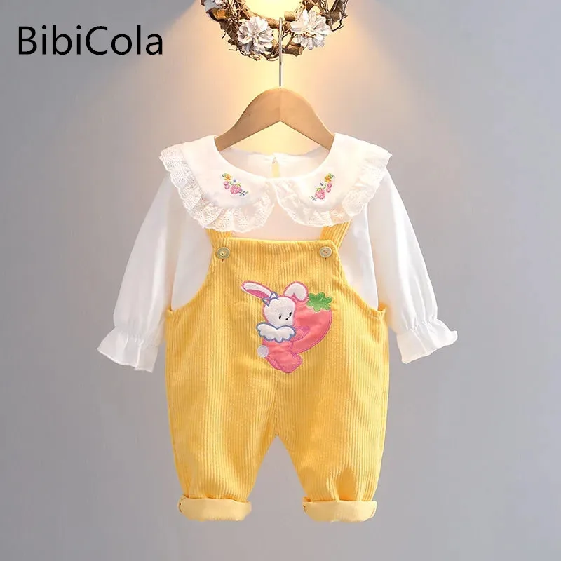 

Baby girl clothes spring autumn new fashion cotton blouse +corduroy overalls 2-piece suit girl suit children's clothing