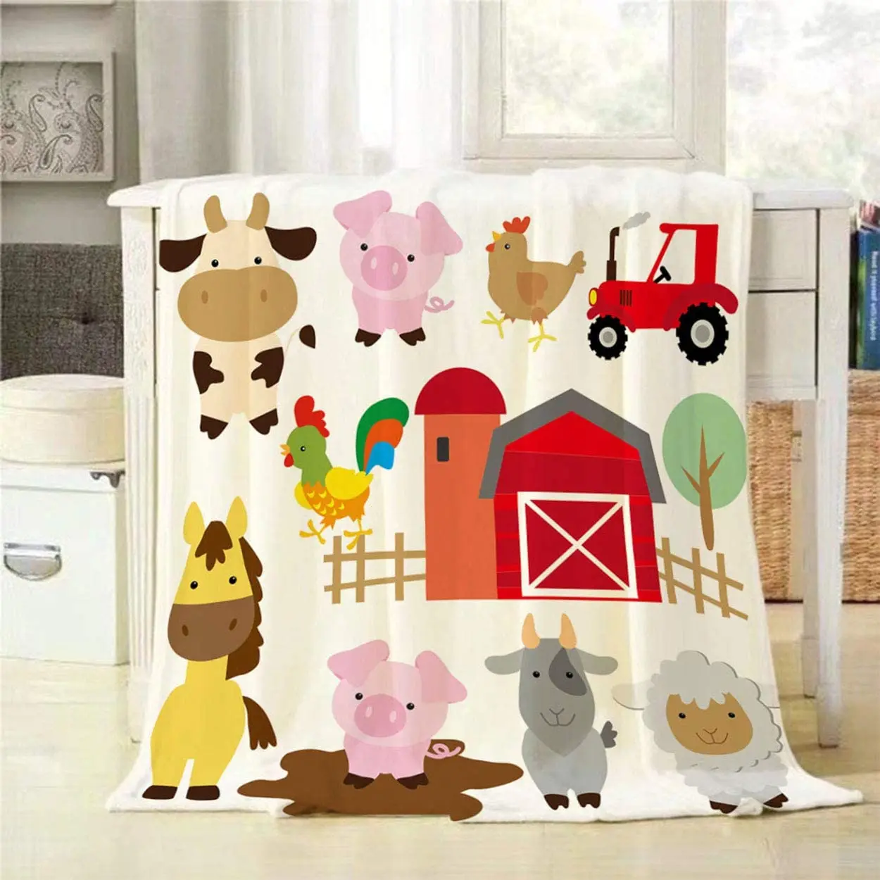 

Cartoon Animals Throw Blanket Cute Farm Animals Pig Cow Horse Sheep Goat Hen Rooster and Barn Decorative Soft Warm