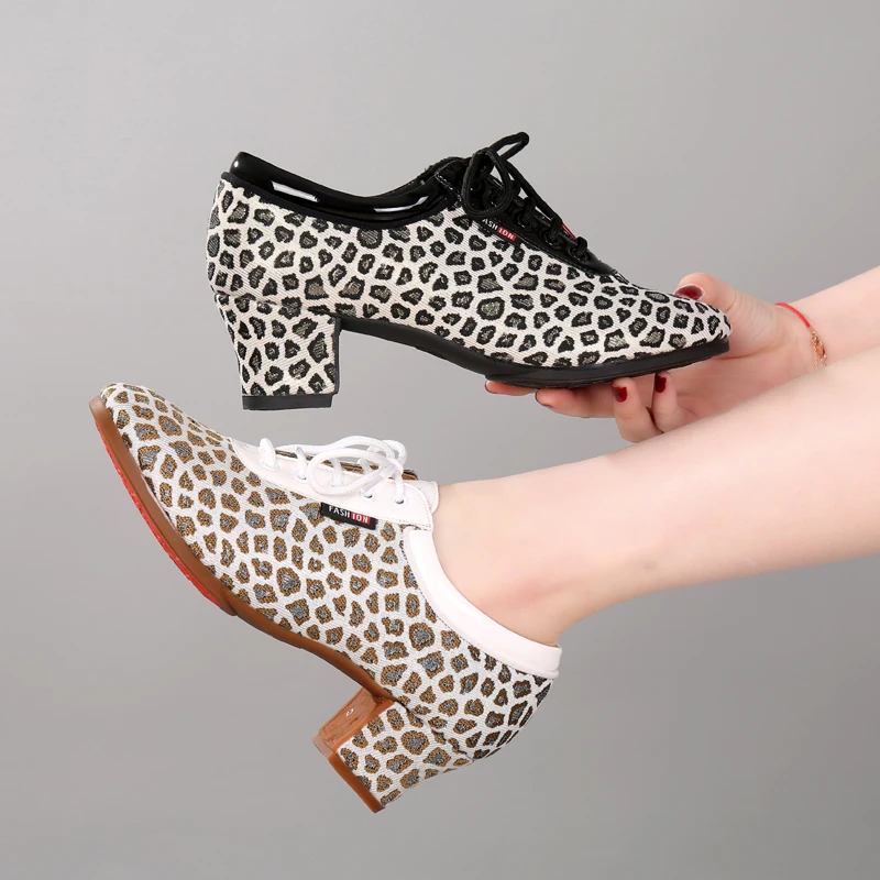 SWDZM New Women Tango/Latin Dance Shoes Soft Bottom Leopard Print Modern Salsa Dancing Shoes For Girls Ladies 3cm-5cm Heels