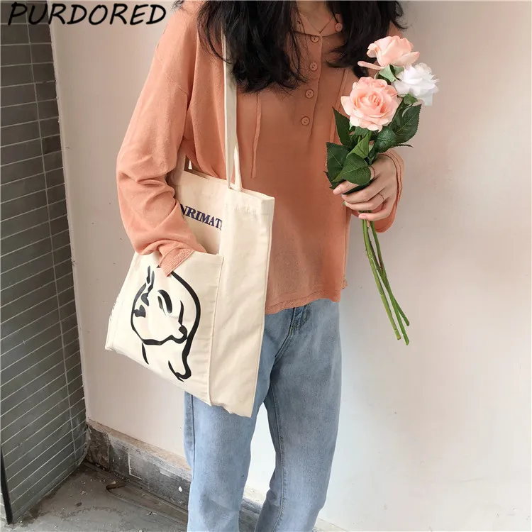 

PURDORED 1 Pc Graffiti Woman Tote Bag Canvas Student Casual Shoulder Bag Large Capacity Fashion Zipper Shopper Pouch Handbags