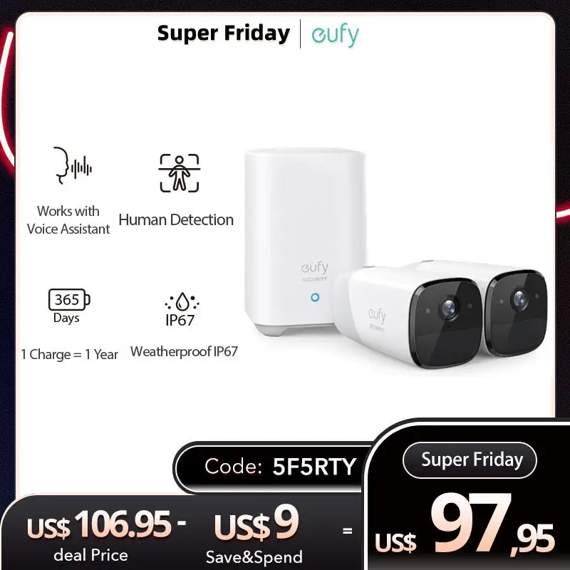 

Eufy Security eufyCam 2 Беспроводная защита для дома мини-камера система домашнего наблюдения HD 1080p Погодостойкая без ежемесячной платы