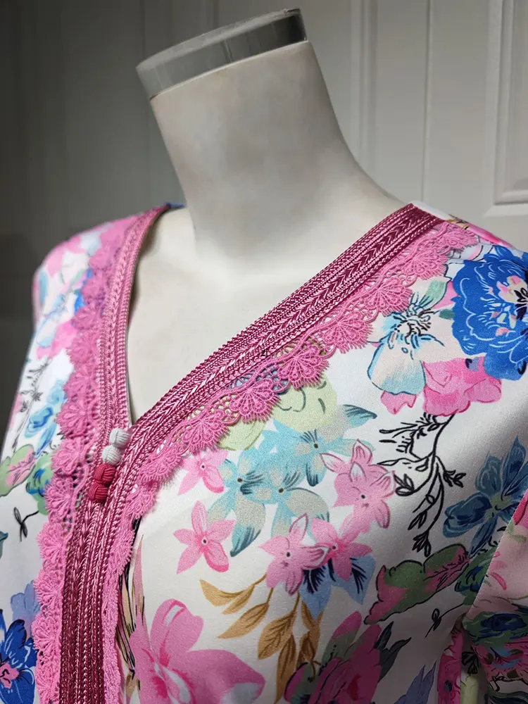 Muslim Abaya Arabic Long Dress for Women Lace Trimming Floral Print Moroccan Kaftan Islamic Clothing Dubai Gulf Jalabiya Ramadan