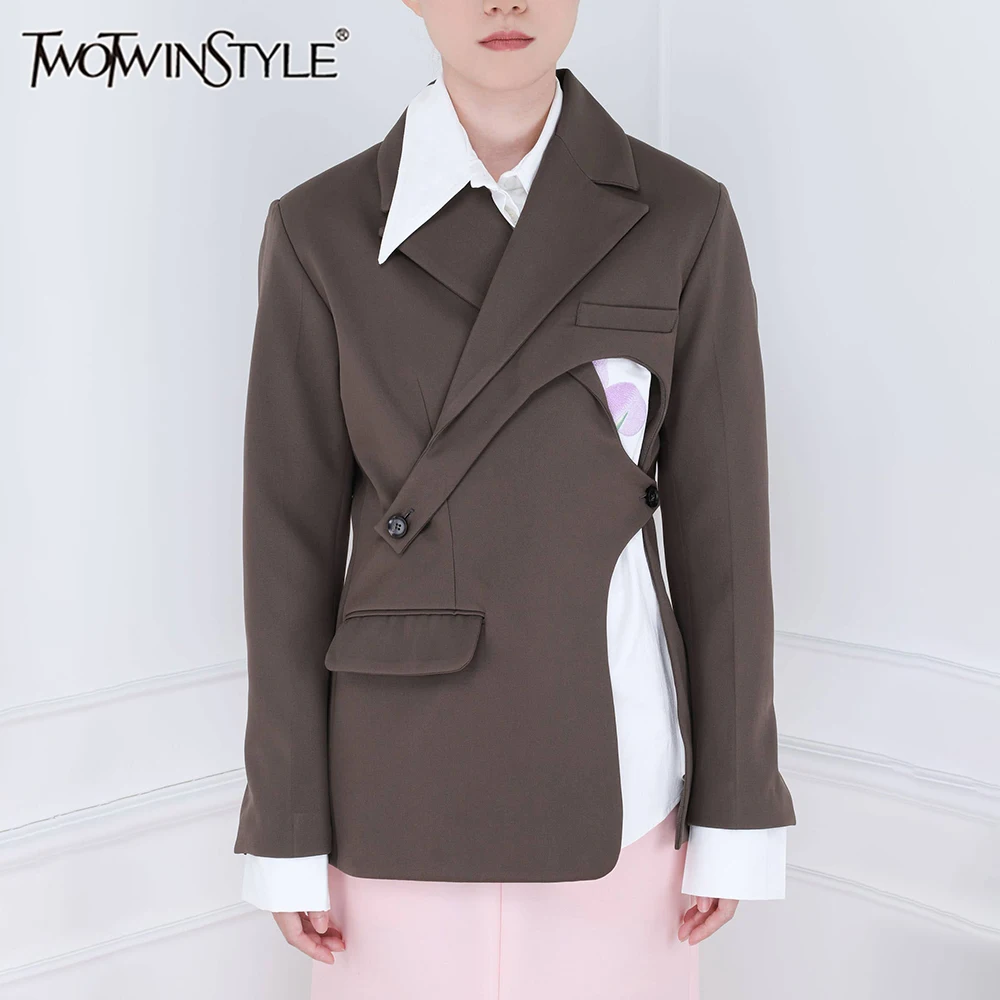 TWOTWINSTYLE шикарные пальто с цветными блоками и пуговицами для женщин нерегулярные