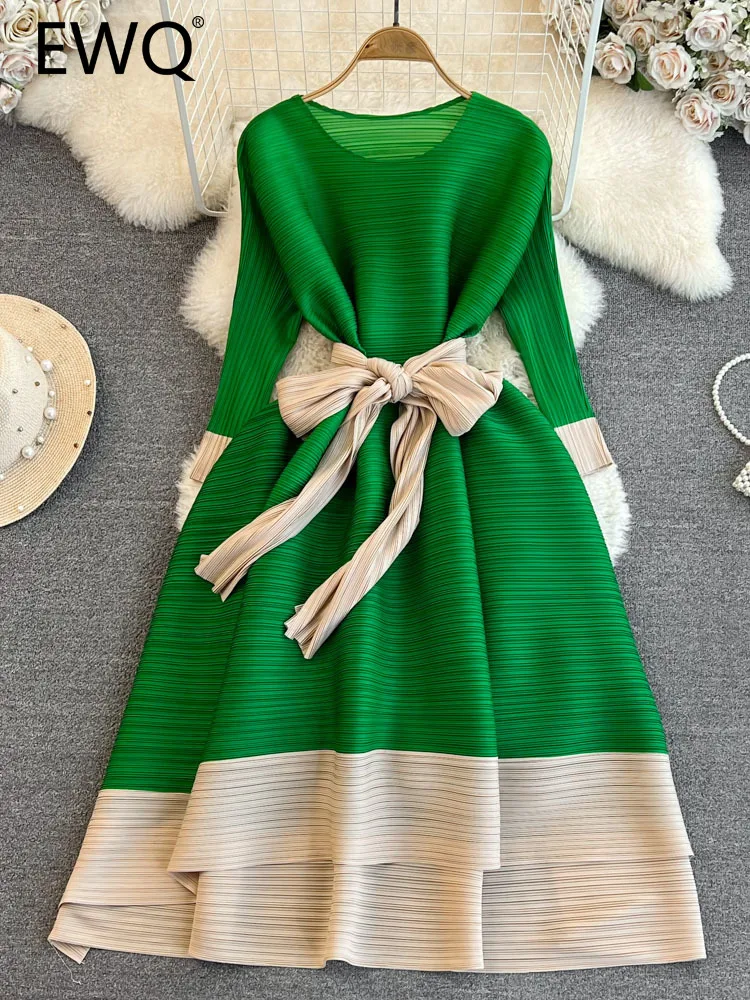 

EWQ Sweet Style Fold Lace-up Contrast Color Long-sleeve High Waist A-line O-neck Women's Dress 2023 Autumn New Dresses 27SN3364