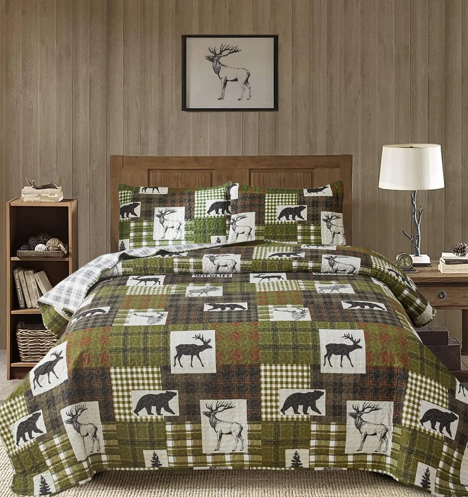

Lodge Quilt Sets Twin Size Bear Plaid Bedding Quilts Rustic Lightweight Bedspread Cabin Reversible Coverlet Set Dark Green