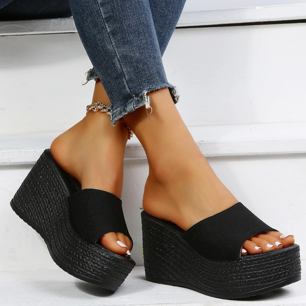 

Summer Slippers Plus Size 43 Womens Shoes Fashion Casual Leather Upper Wedge Peep Toe Platform Sandals Trend Cool Beach Slides