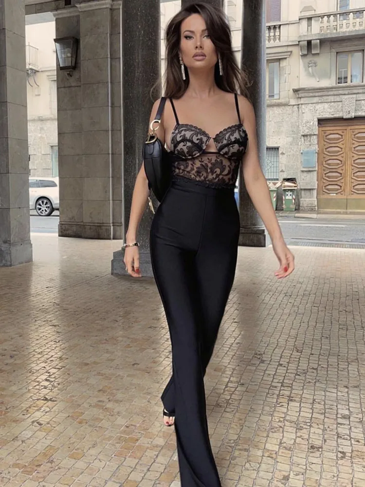 Women Summer Style Sexy Sleeveless Backless Lace Black Bodycon Bandage Jumpsuit 2022 Celebrity Designer High Street Rompers