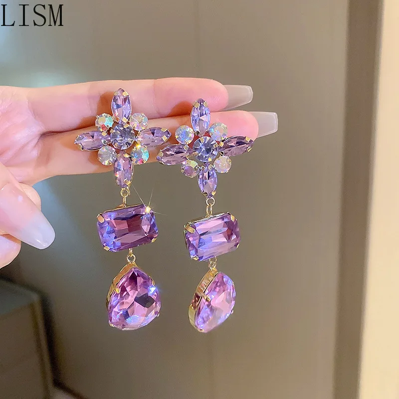 

Silver Stud Rhinestone-Encrusted Flower Water Drop Earrings Fashion Temperament Entry Lux Ear Stud Earring New Earrings Women