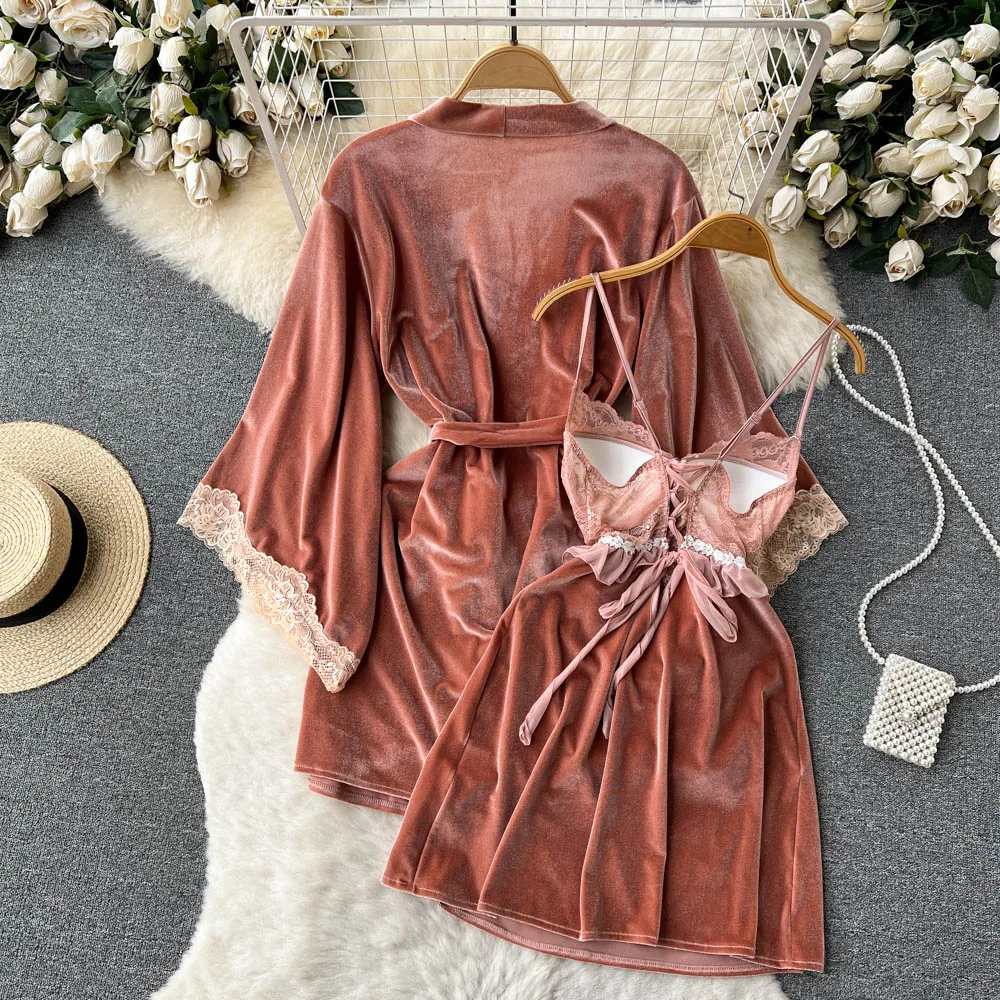 Velvet pajamas suit female spring and autumn style sexy wipe chest suspender skirt long shawl cardigan two-piece set