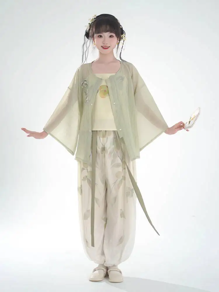 Фото Новое женское платье Hanfu Song System с рукавами, короткое платье, плиссированная юбка, брюки-фонарики, повседневные подтяжки №1