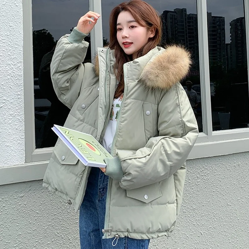 Women Bread Clothing Korean Solid Color Parkas Simple Student Loose Cotton Coats Winter Fur Collar Hooded Thicken Warm Jackets