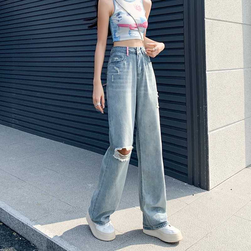 Jeans Women's Blue Commuter Spring/Summer Perforated Thin High Waist Wide Leg Pants New Small Straight Floor Dragging Pants